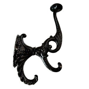 Vintage Black Cast Iron Hat and Coat Hall Tree Hook Double Prong Ornate Design